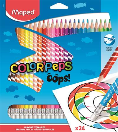 Színes ceruza készlet, háromszögletű, radírozható, MAPED "Color'Peps Oops", 24 különböző szín