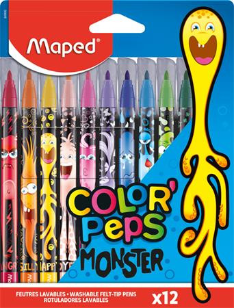 Filctoll készlet, 2,8 mm, kimosható, MAPED "Color'Peps Monster" 12 különböző szín