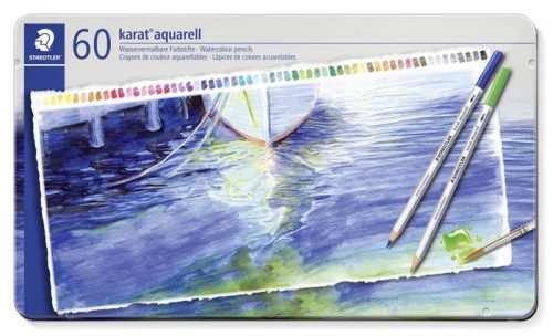 Akvarell ceruza készlet, hatszögletű, fém doboz, STAEDTLER "Karat® aquarell 125", 60 különböző szín