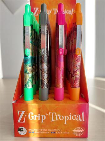 Golyóstoll display, 0,27 mm, nyomógombos, ZEBRA "Z-Grip Tropical", kék, 4 különböző minta